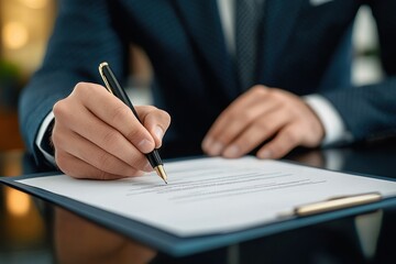 Businessman Signing Contract in Minimalist Office Soft Lighting