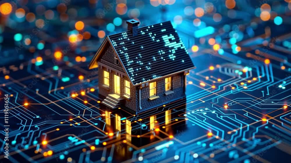 Aufkleber a miniature smart home stands illuminated on a circuit board, surrounded by glowing connections that