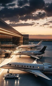 Luxurious Private Jets Parked at an Upscale Airport Hangar with Scenic Sunset and Modern Architecture in a Prestigious Travel Destination with ai generated.