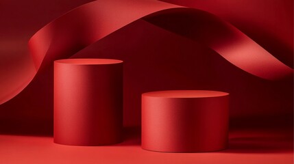 red cylindrical podiums on a red background for presenting products,