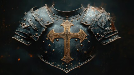 Medieval Armor Chest Piece with Cross Symbol and Intricate Engravings, Knightly Emblem and Ornate Decorations