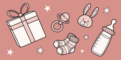 Baby accessories concept. Top view photo of giftbox teether knitted bunny rattle toy socks milk bottle and stars on isolated pastel red background with empty space

