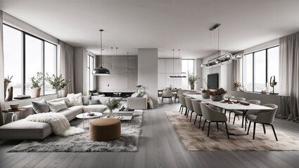 Fototapeta premium Interior design of modern scandinavian apartment, living room and dining room, panorama 3d rendering