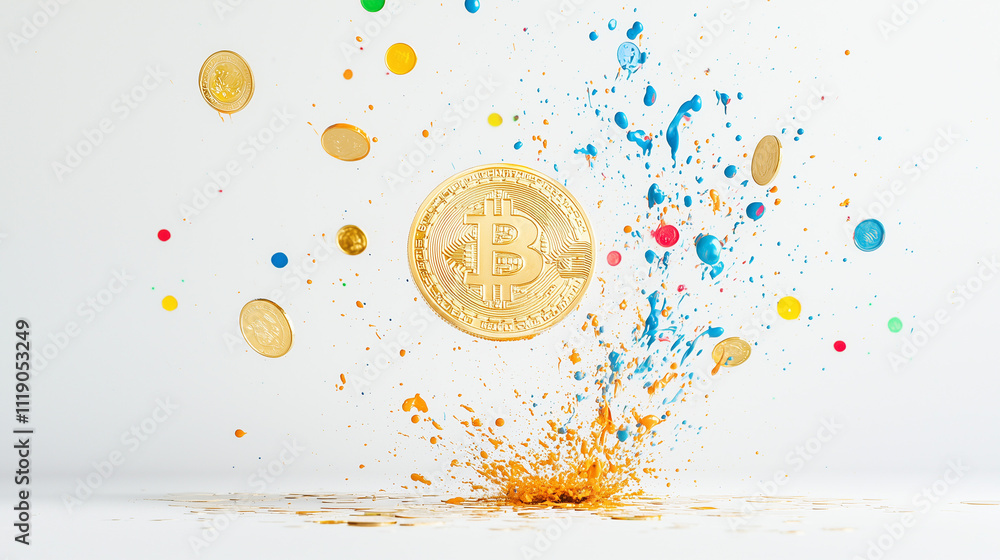Poster cryptocurrency explosion: a golden bitcoin coin explodes in a vibrant burst of color, symbolizing th