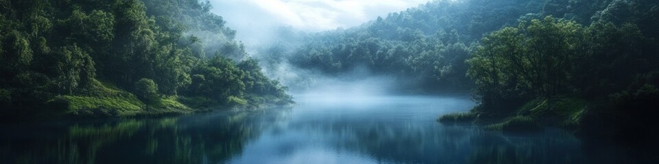 Fototapeta premium Serene Misty Lake Surrounded By Lush Green Forests