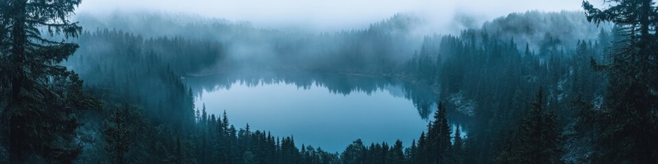 Fototapeta premium Serene Mountain Lake Enveloped by Misty Forest