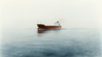 Cargo Ship Disappears into the Mist: A lone cargo ship cuts through the dense fog, its silhouette a ghostly presence against the muted sky, evoking a sense of mystery and solitude.