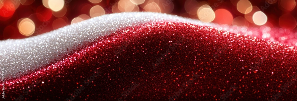 Poster red sparkling glitter texture close-up festive background with white surface and warm bokeh