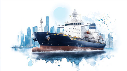Obraz premium Cargo Ship in City Harbor: Watercolor style illustration of a large cargo ship sailing into a modern city harbor. A vibrant image symbolizing global trade and maritime transport. 