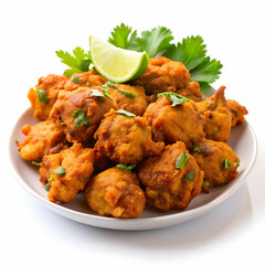 Fototapeta premium A plate of crispy chicken pakoras, golden-brown fritters made with seasoned chicken,