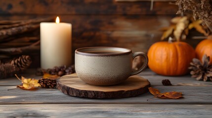 Blank mockup template of a ceramic coffee cup on a rustic wooden table, surrounded by cozy candles and warm autumn decor.