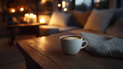 Blank mockup template of a coffee cup on a wooden table, with warm, cozy elements like pillows, candles, and soft lighting.