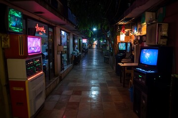 Night market alley with retro arcade games and shops.