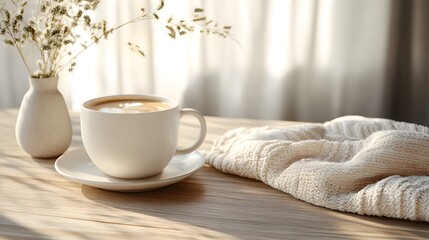 Blank mockup template of a coffee cup resting on a light wooden table, with warm tones and cozy textile decor surrounding it.