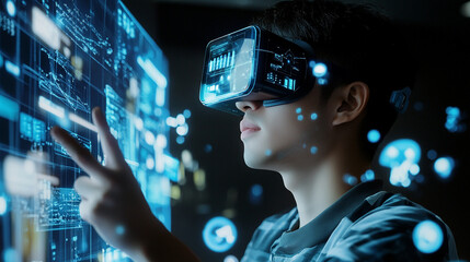Young person engages with virtual reality technology in an interactive environment