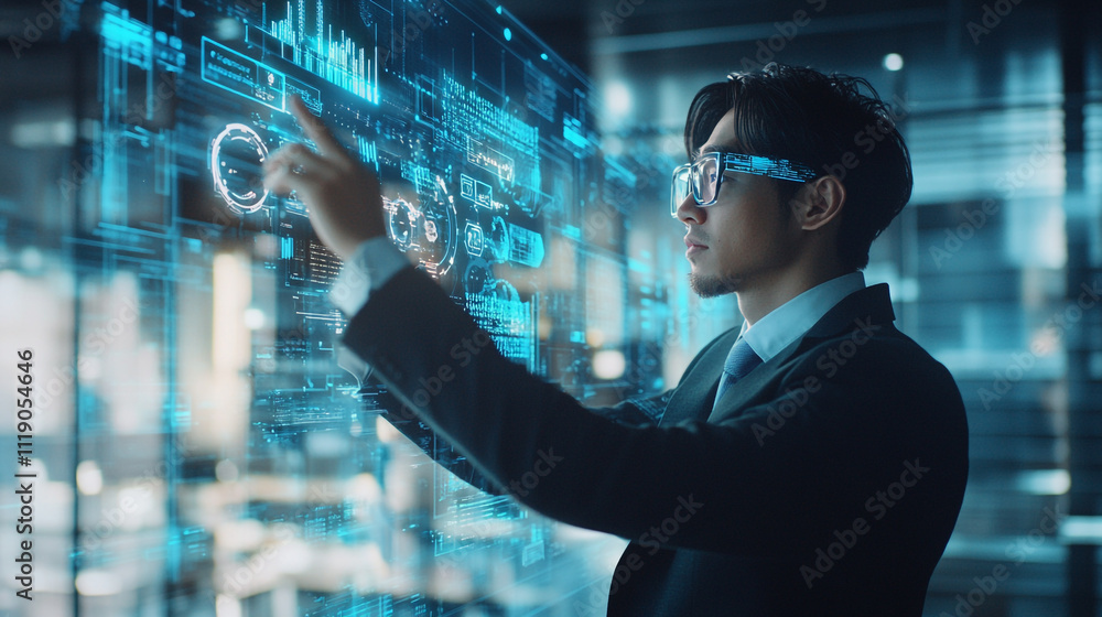 Poster professional interacts with digital display in a modern office environment during the day