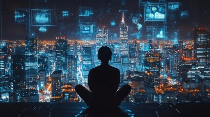 Silhouetted person meditating, overlooking a futuristic city at night, with holographic data overlays.