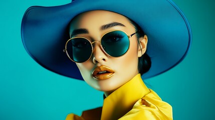 Stylish woman in blue hat and sunglasses, vibrant yellow shirt against teal background.