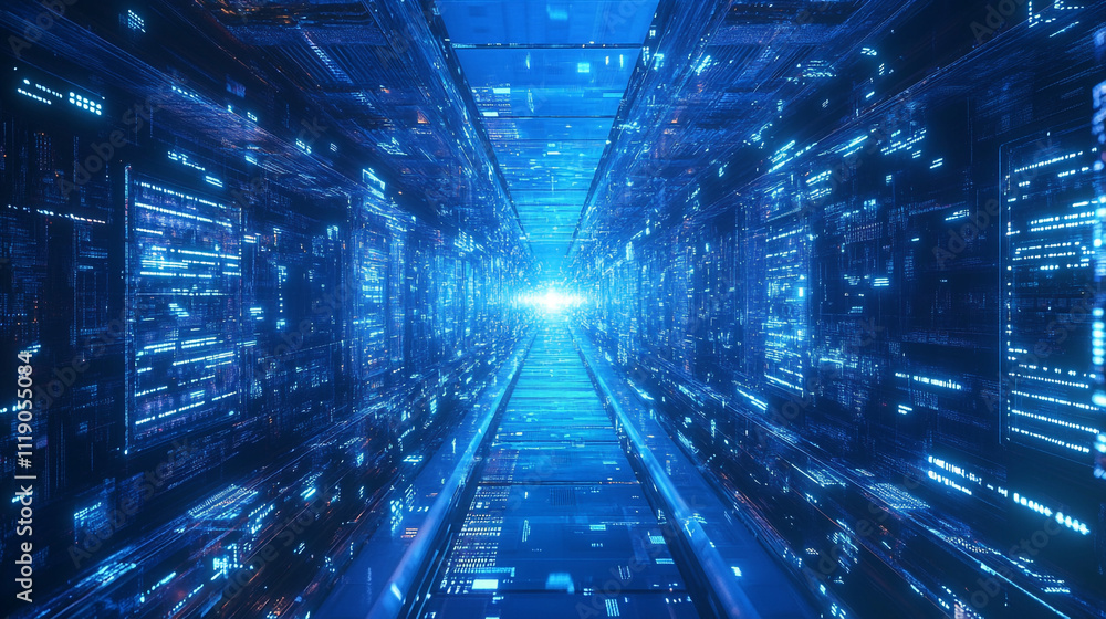 Poster exploring a futuristic digital tunnel filled with glowing data streams and bright light