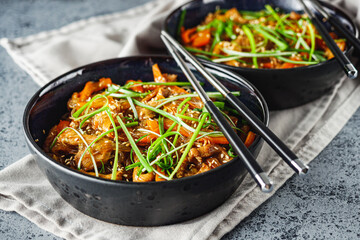 Wok Chicken with Funchoza and Vegetables, Asian Stir-Fry Delight, Tasty and Healthy Gourmet Dish
