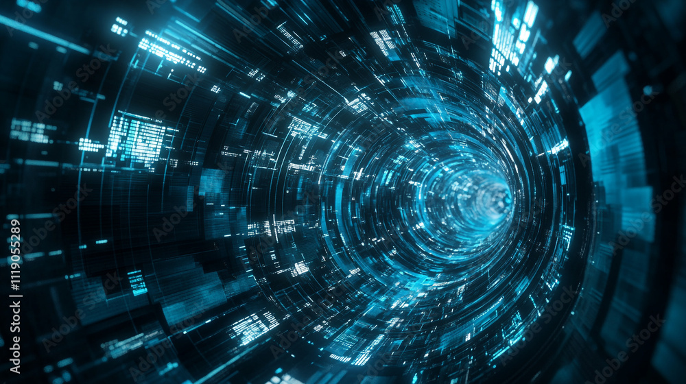 Poster swirling digital vortex with glowing lines and patterns in a futuristic design