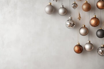 Decora&ccedil;&atilde;o de natal com bolas suspensas em tons dourados, vermelhos e prateados, sobre fundo neutro, criada com IA generativa.