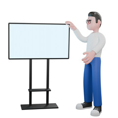 Creative Video Editor Cartoon 3D Character. A male video editor stands next to a television screen, while touching it with his right hand, and his left hand is open, as if he is explaining. Illustrati