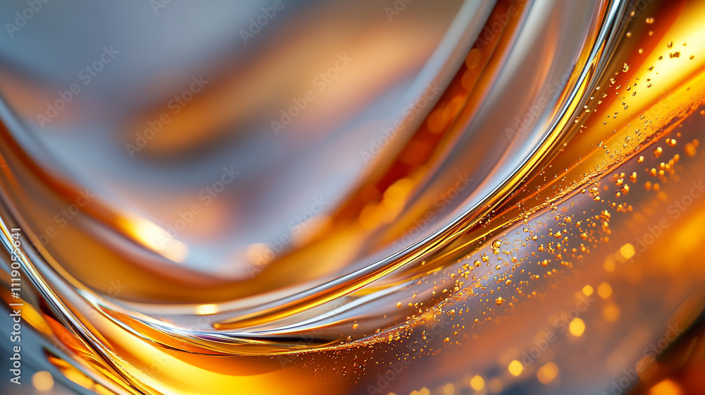 Poster swirling amber liquid creating mesmerizing patterns under soft lighting effects