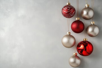 Decoração de natal com bolas suspensas em tons dourados, vermelhos e prateados, sobre fundo neutro, criada com IA generativa.