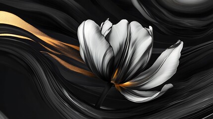 A Single White Tulip Flower with Abstract Black and Gold Background