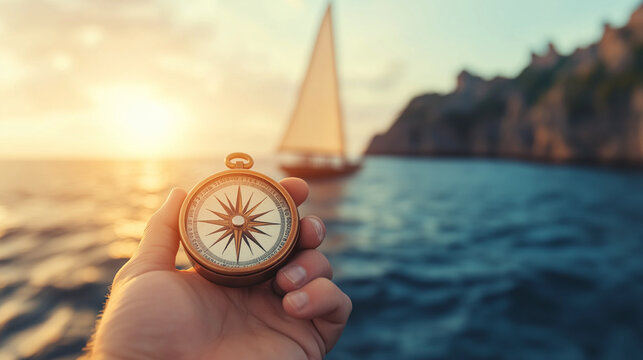 Sunset Compass Navigation: Hand holding compass, sailboat in background at sunset. Guiding your journey to success