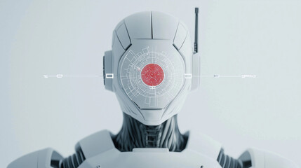 Cybernetic Scan: Close-up of a futuristic robot's head with a red target overlay, suggesting advanced technology and security. The image evokes a sense of mystery and technological advancement. 