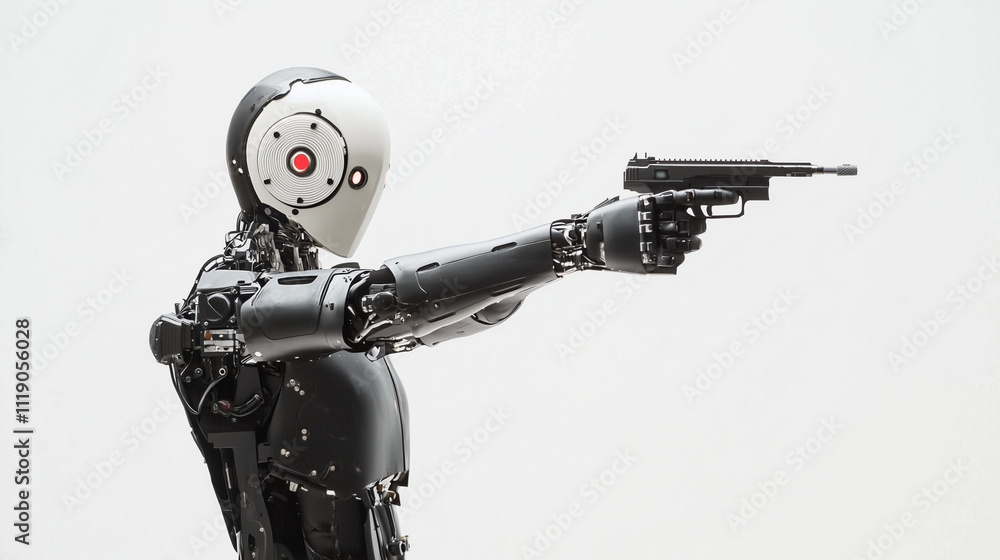 Poster the robot's aim: a chilling and thought-provoking image of a humanoid robot holding a gun, its aim u