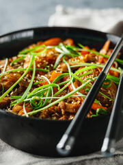 Wok Chicken with Funchoza and Vegetables, Asian Stir-Fry Delight, Tasty and Healthy Gourmet Dish