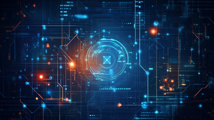 Abstract digital circuit board design showcasing vibrant blue and orange lights