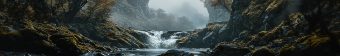Obraz premium Misty Mountain Waterfall Cascading Through Mossy Rocks