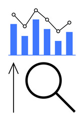 Blue bar graph and black line graph on top, black magnifying glass and upward arrow below. Ideal for business, analytics, search engine optimization, growth tracking, data visualization, marketing