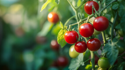 Obraz premium Cherry tomatoes ripening on the vine in a sunny greenhouse during summer