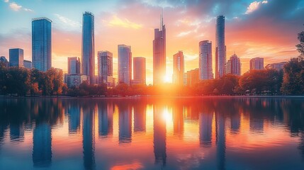Fototapeta premium Vibrant sunset over cityscape reflected in calm water.