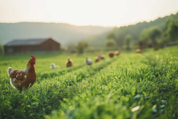 Free Range Chickens on a Lush Green Farm