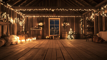 Rustic Christmas Barn Interior: Cozy Candlelit Winter Scene