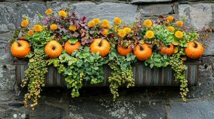 Autumnal wall planters with succulents and pumpkins garden setting nature decor in cozy environment