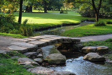 A rustic stone footbridge crossing a small stream in the middle a peaceful park