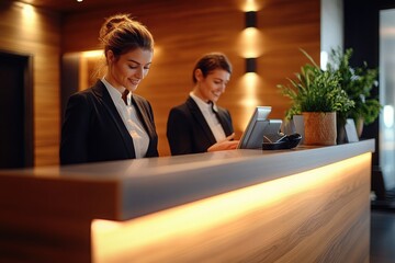 Professional hotel receptionists collaborating at front desk with warm lighting and sleek design