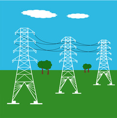 High voltage power, electric towers in a field, vector illustration