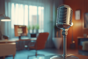 A microphone rests on a table with a notebook, mixer, and computer monitor in the background, creating the perfect setting for a podcast or radio studio, ideal for content creation or broadcasting vis