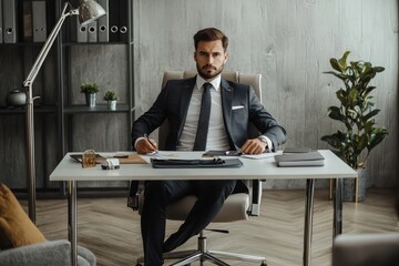 A serious businessman sitting at his desk in a stylish office, portraying professionalism and focus