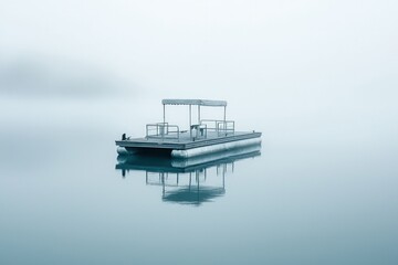 A serene pontoon floating on a foggy lake, evoking tranquility and mystery.