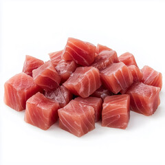Tasty sashimi (pieces of fresh raw tuna) on white background, top view
