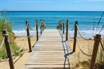 A wooden footbridge with rope railings, crossing over a sandy beach and leading to the ocean